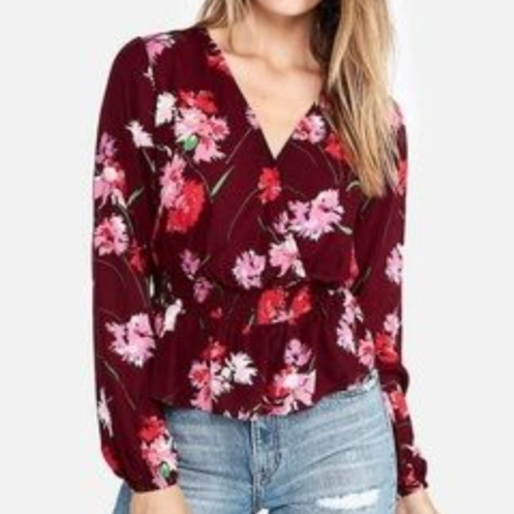 Express Red Pink Romantic Floral Long Sleeve Surplice Peplum Top XL